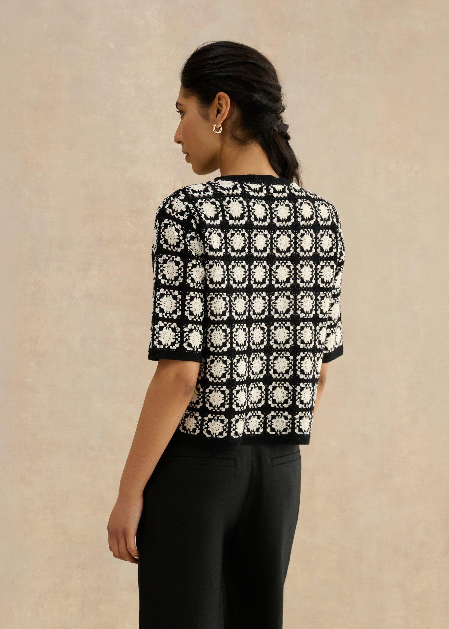 Sophia Crochet Short Sleeve Cardigan , Ivory Navy, hi-res