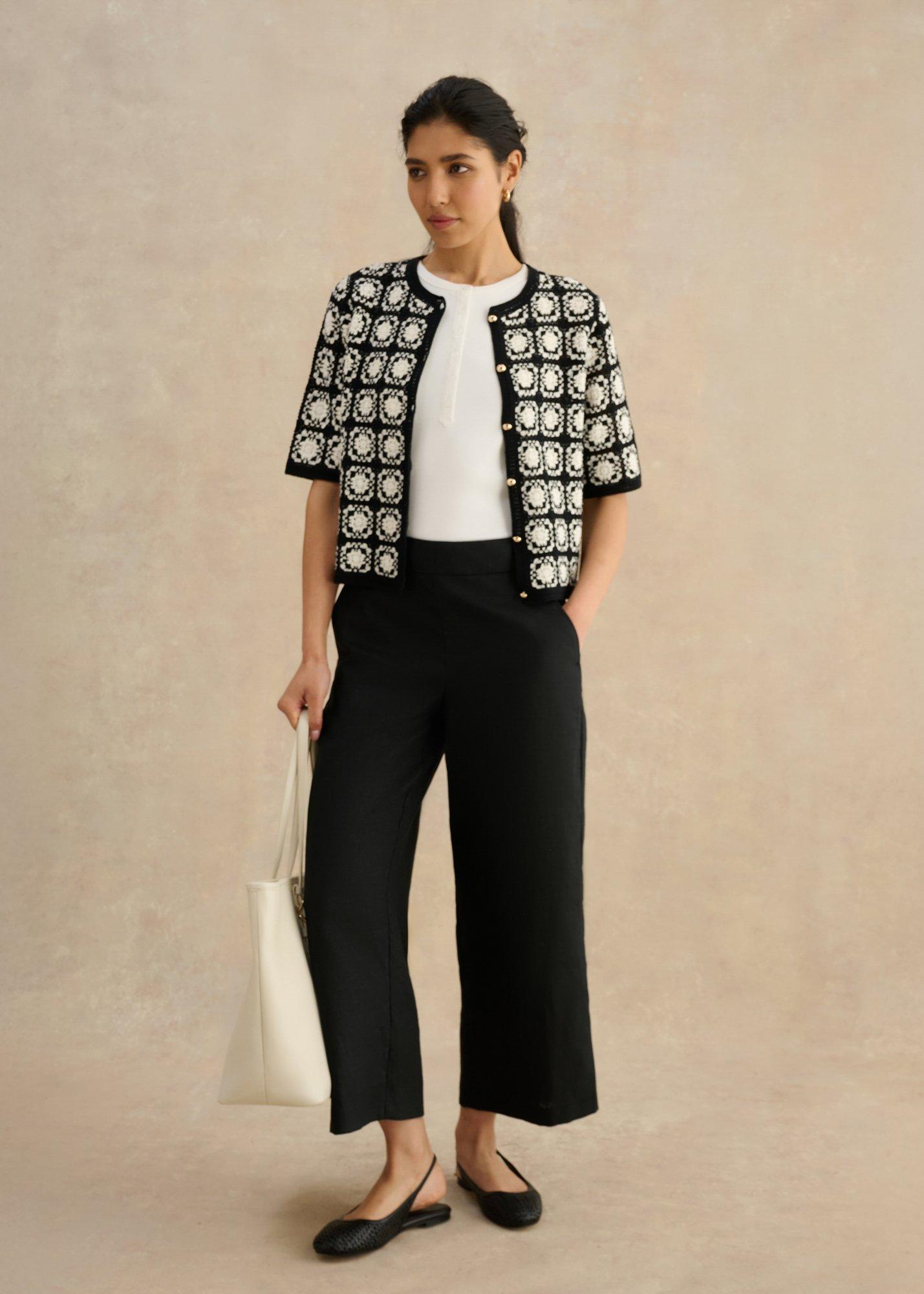 Sophia Crochet Short Sleeve Cardigan , Ivory Navy, hi-res