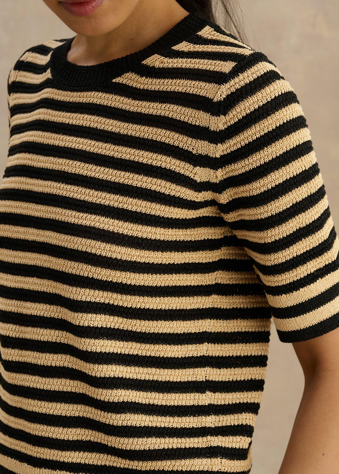 Clemmie Cotton Blend Stripe Knitted T-shirt , Beige Black, hi-res