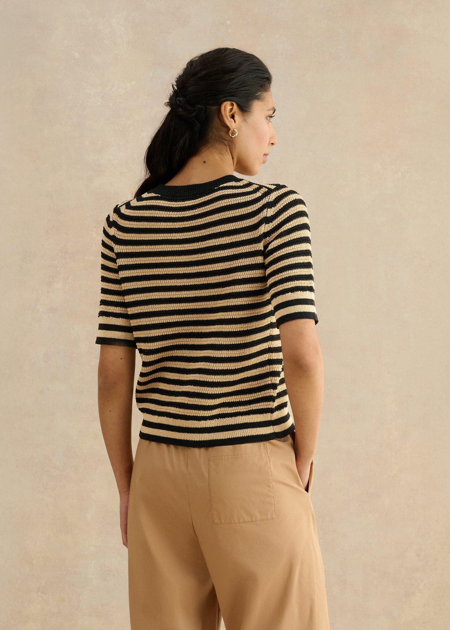 Clemmie Cotton Blend Stripe Knitted T-shirt , Beige Black, hi-res