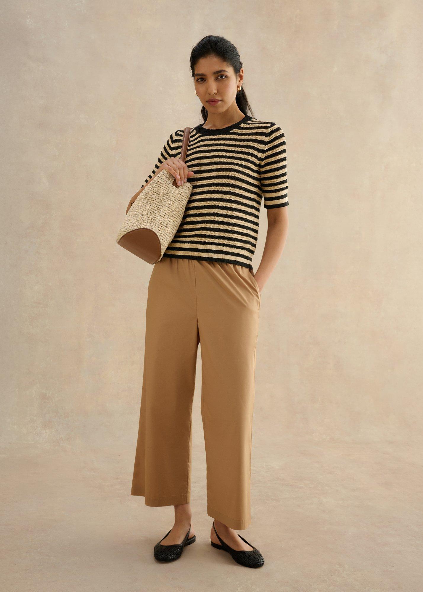 Clemmie Cotton Blend Stripe Knitted T-shirt , Beige Black, hi-res