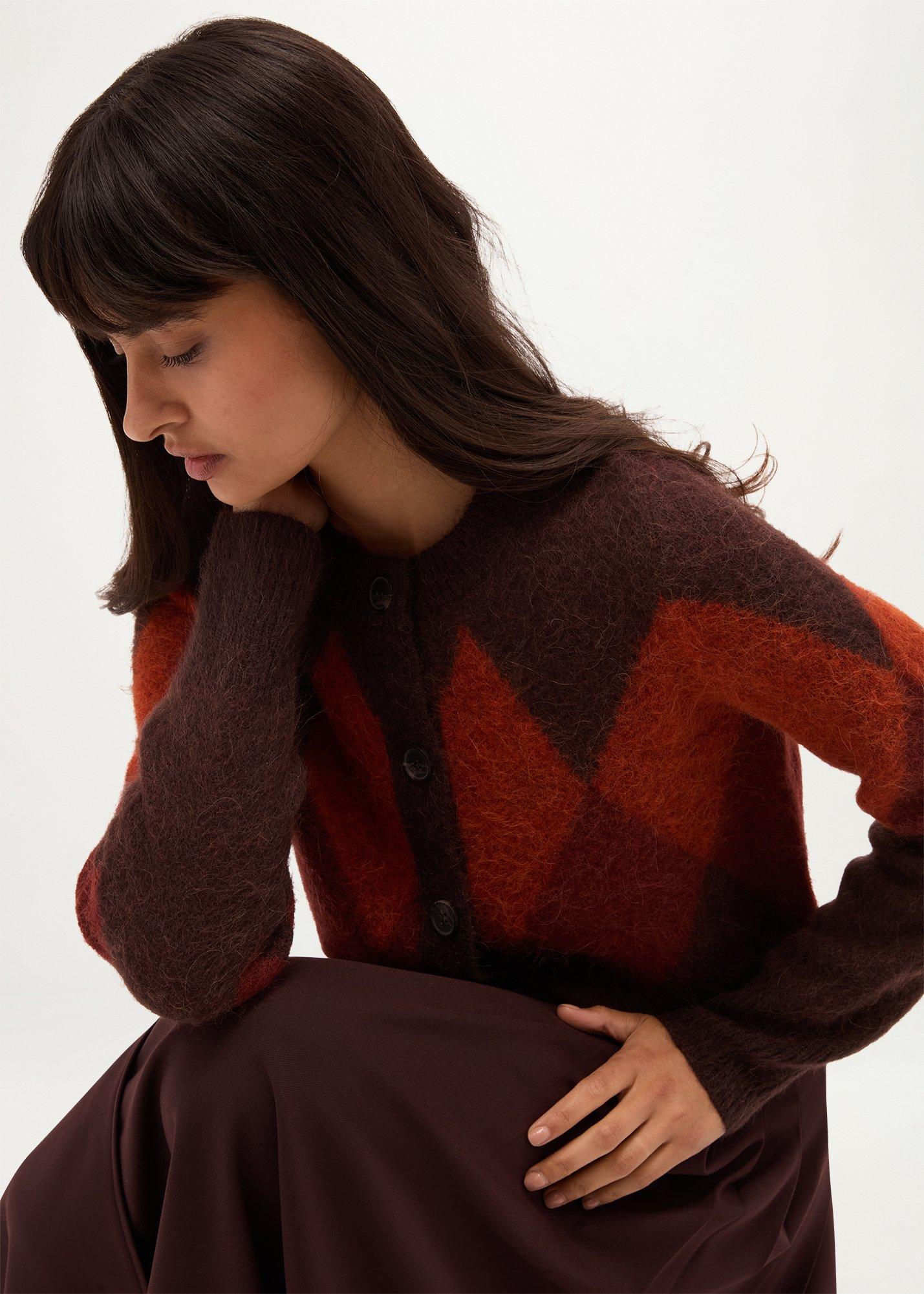 Izzy Argyle Cardigan With Wool, Brown Red, hi-res
