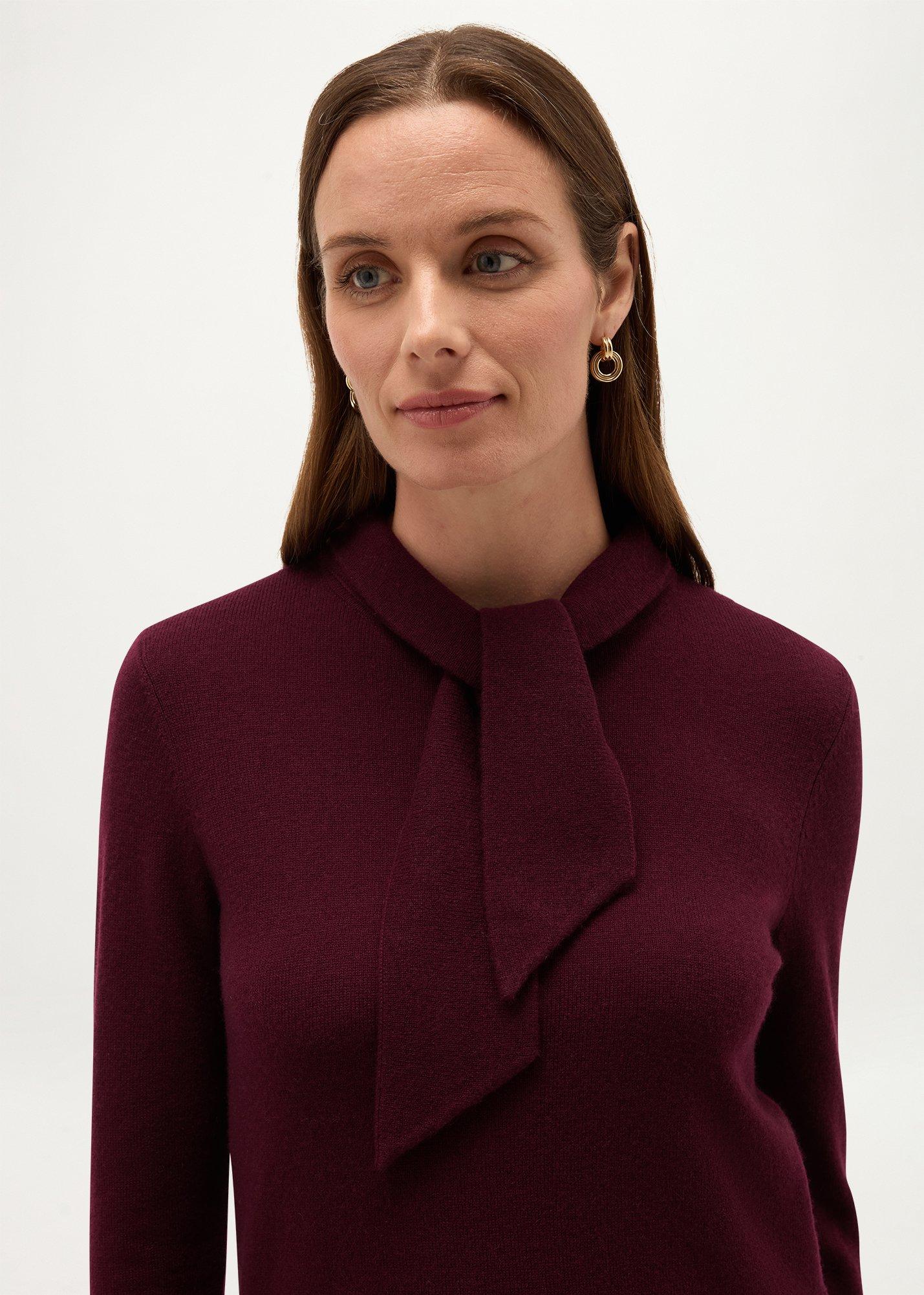 Mabel Wool Cashmere Tie Neck Jumper, Fig Purple, hi-res