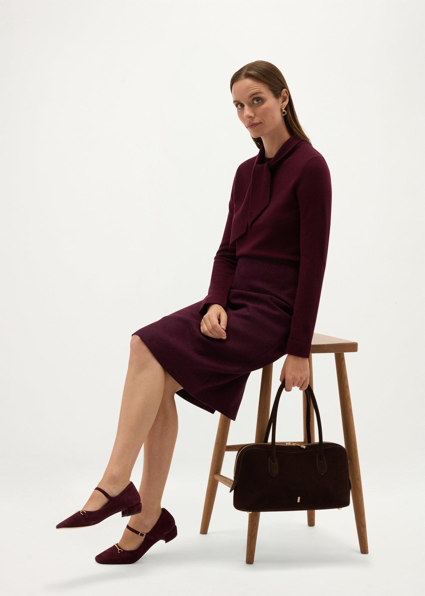 Mabel Wool Cashmere Tie Neck Jumper, Fig Purple, hi-res