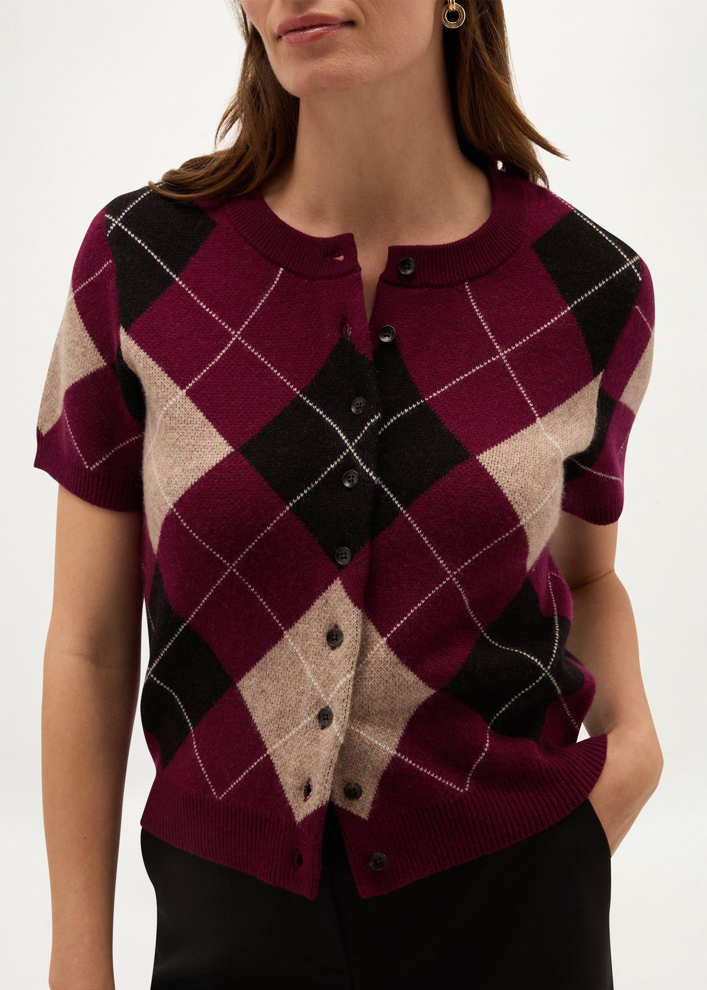 Livi Argyle Short Sleeve Cardigan, Plum Oatmeal, hi-res