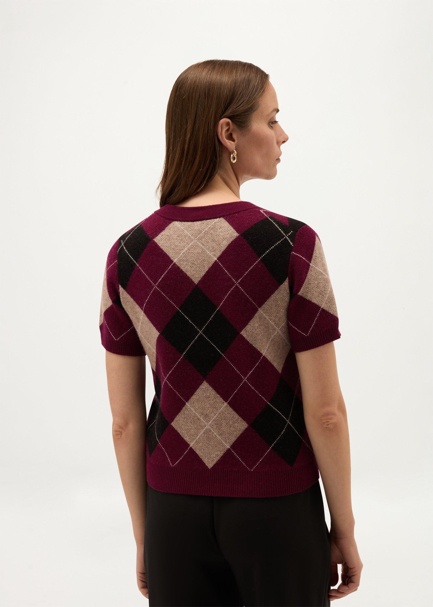 Livi Argyle Short Sleeve Cardigan, Plum Oatmeal, hi-res