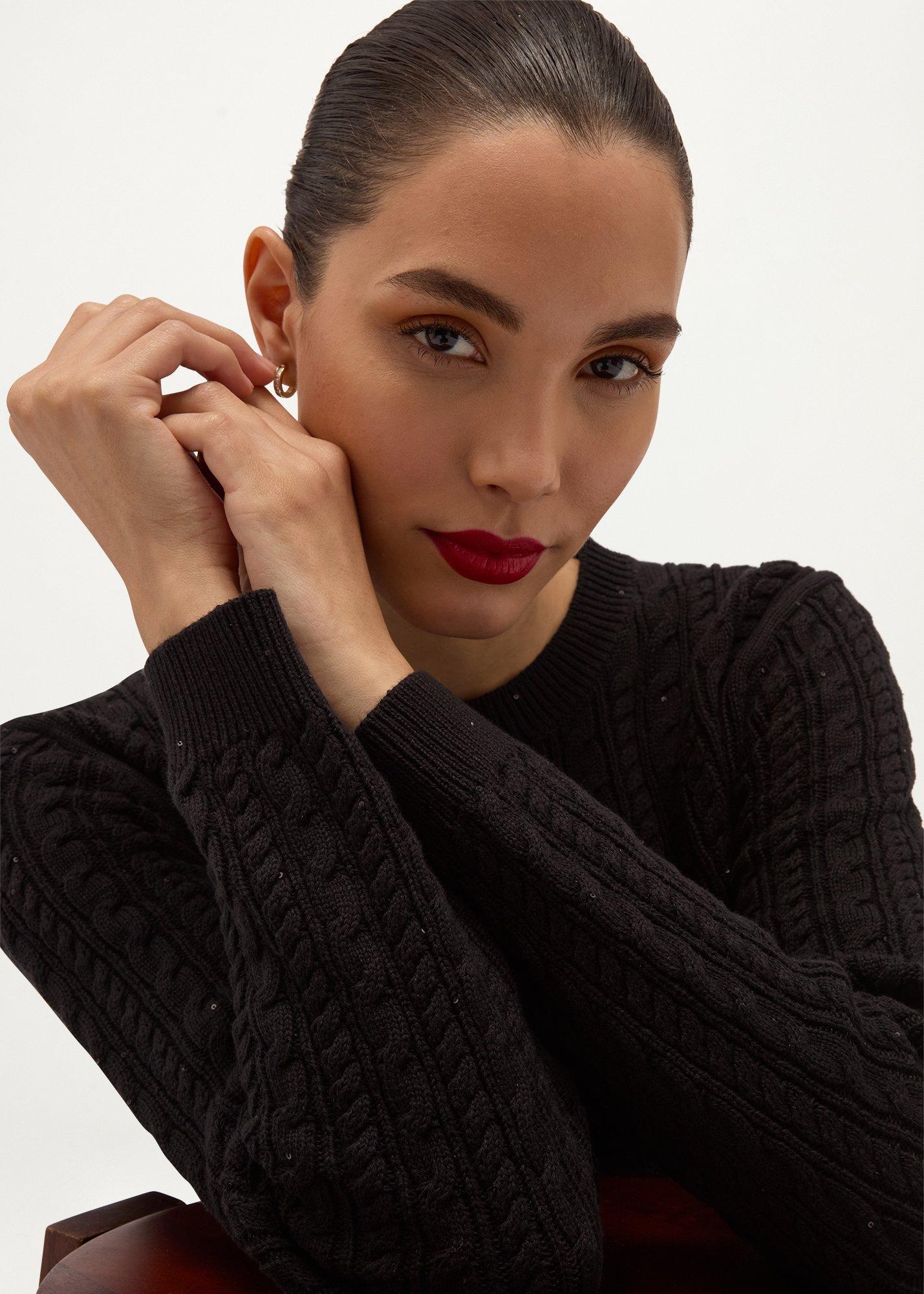 Lennon Cable Sequin Jumper With Cotton, Black, hi-res