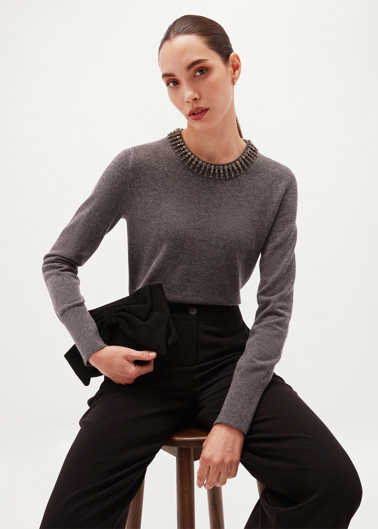 Lindie Embellished Jumper With Wool, Charcoal Grey, hi-res