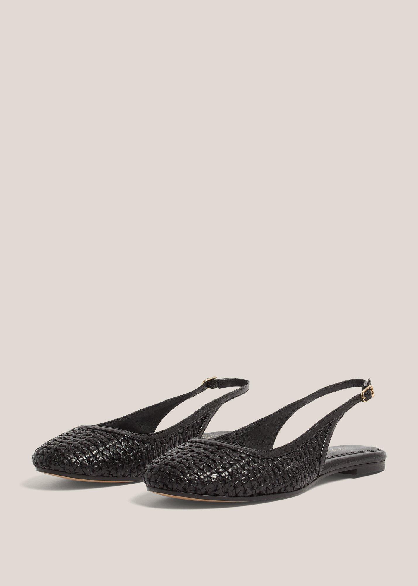 Georgia Woven Leather Flat Slingbacks, Black, hi-res