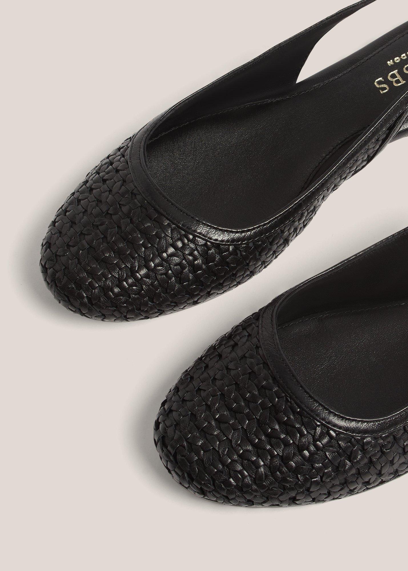 Georgia Woven Leather Flat Slingbacks, Black, hi-res